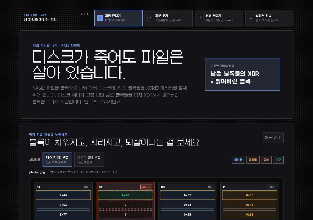 NAS 미니랩 1/4 · 디스크가 고장 나도 파일이 살아남는 이유