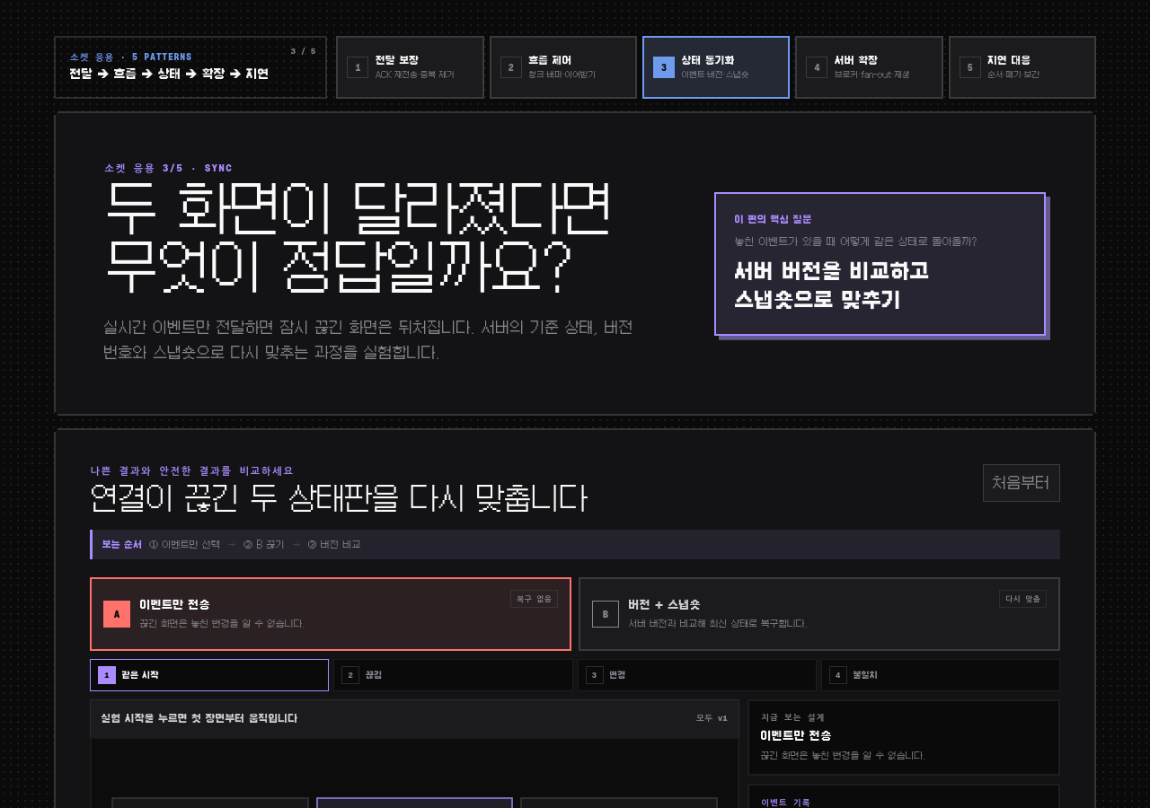 소켓 응용 3/5 · 상태 동기화 — 모두 같은 화면을 보는 법